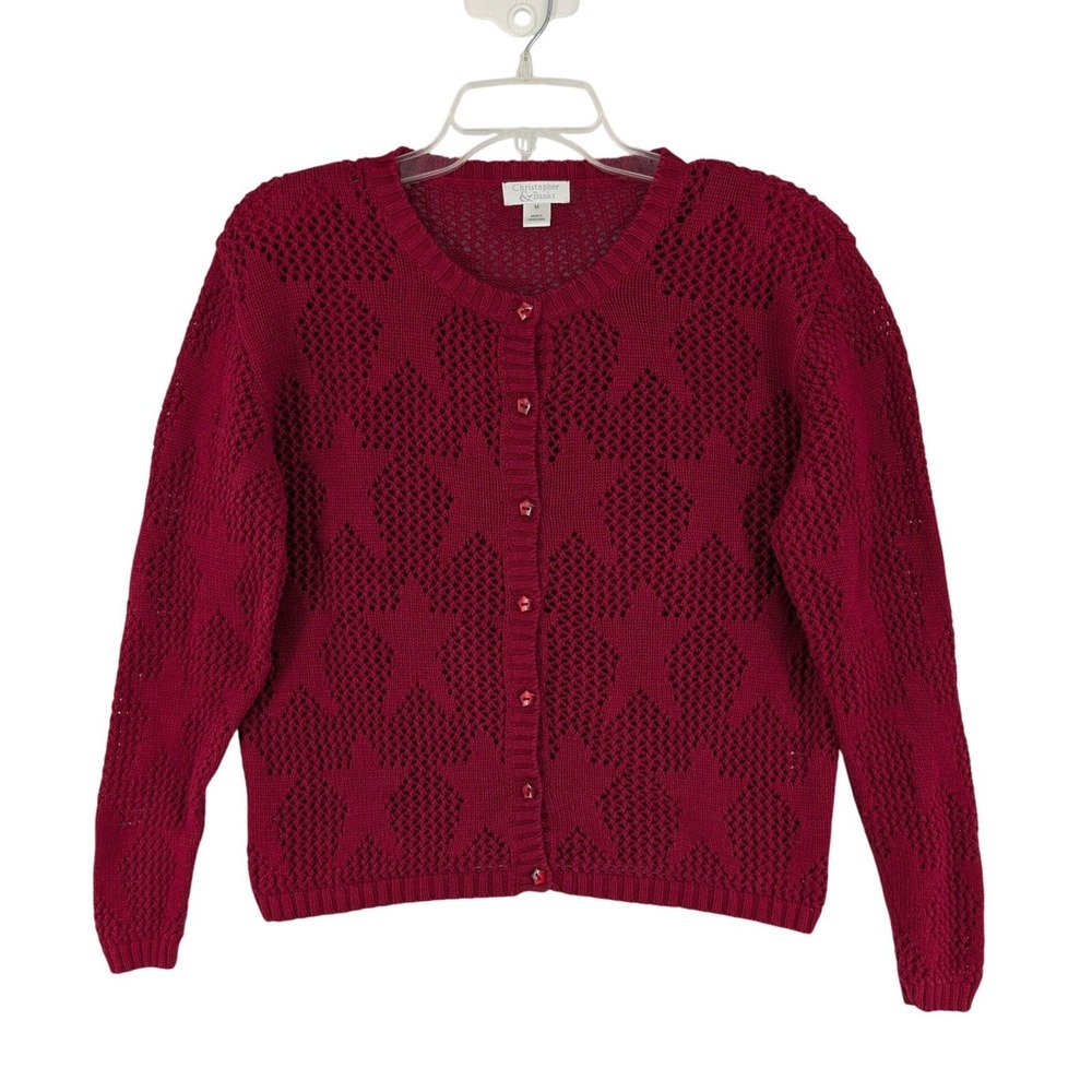 Christopher & Banks Star Open Knit Cardigan M Red Star Buttons Crochet Sweater
